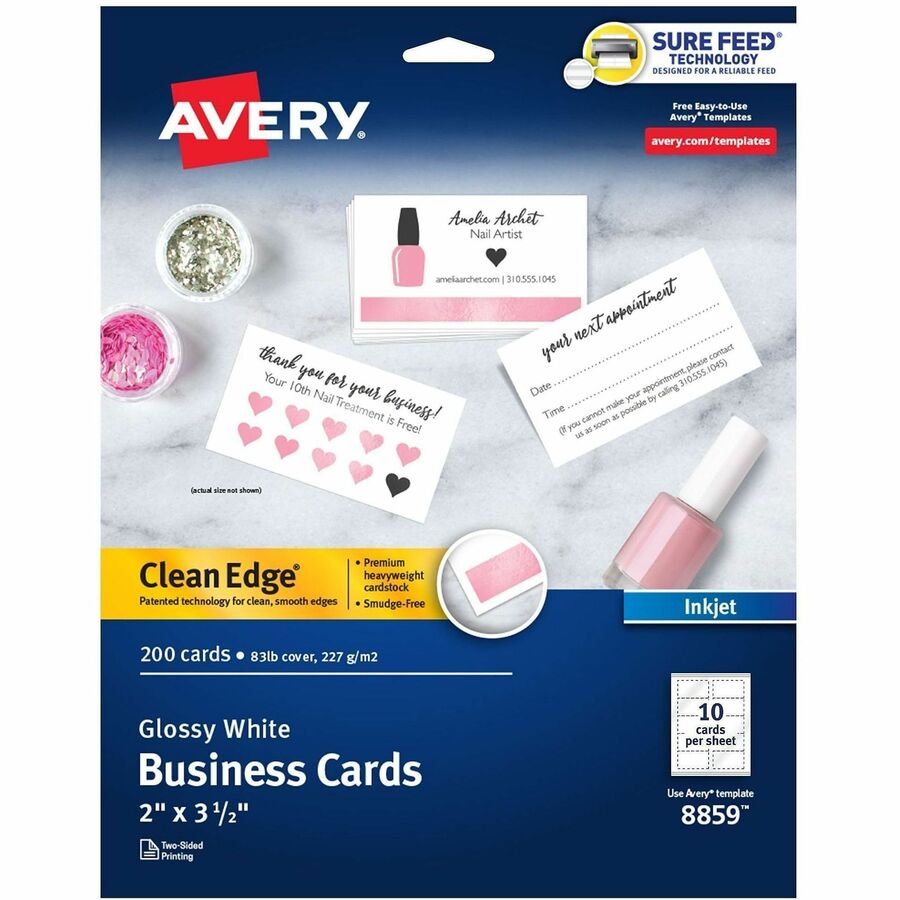Avery 8859 Clean Edge Inkjet Print Business Card, Glossy White, 2" x 3