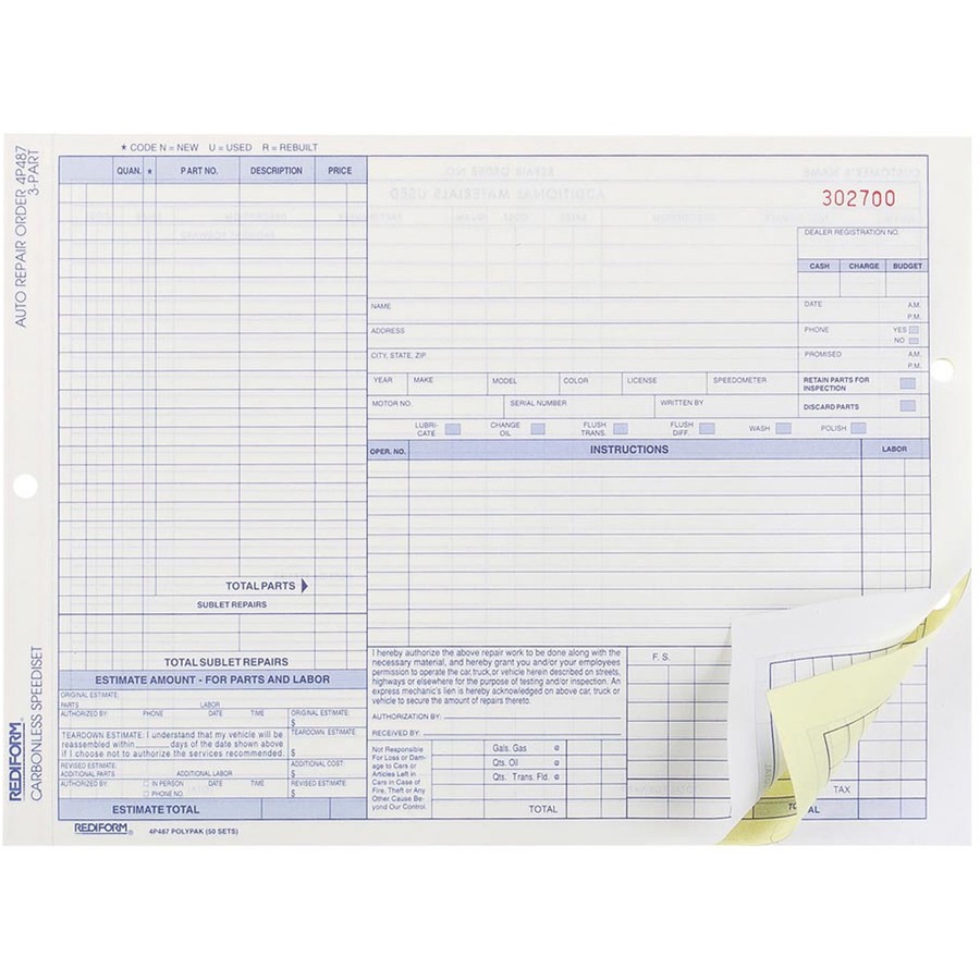 Rediform 3-part Auto Repair Order Forms - Mac Papers Inc