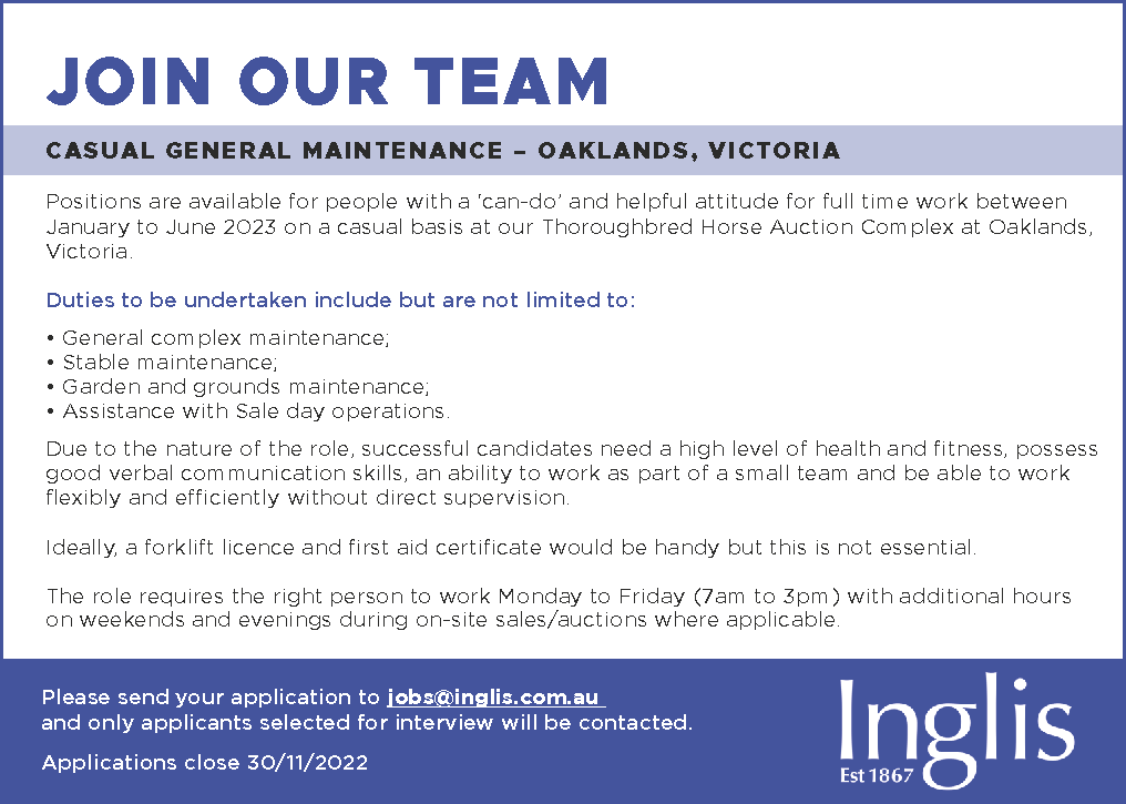 Inglis Australia's Leading Bloodstock Auctioneers Job Opportunities
