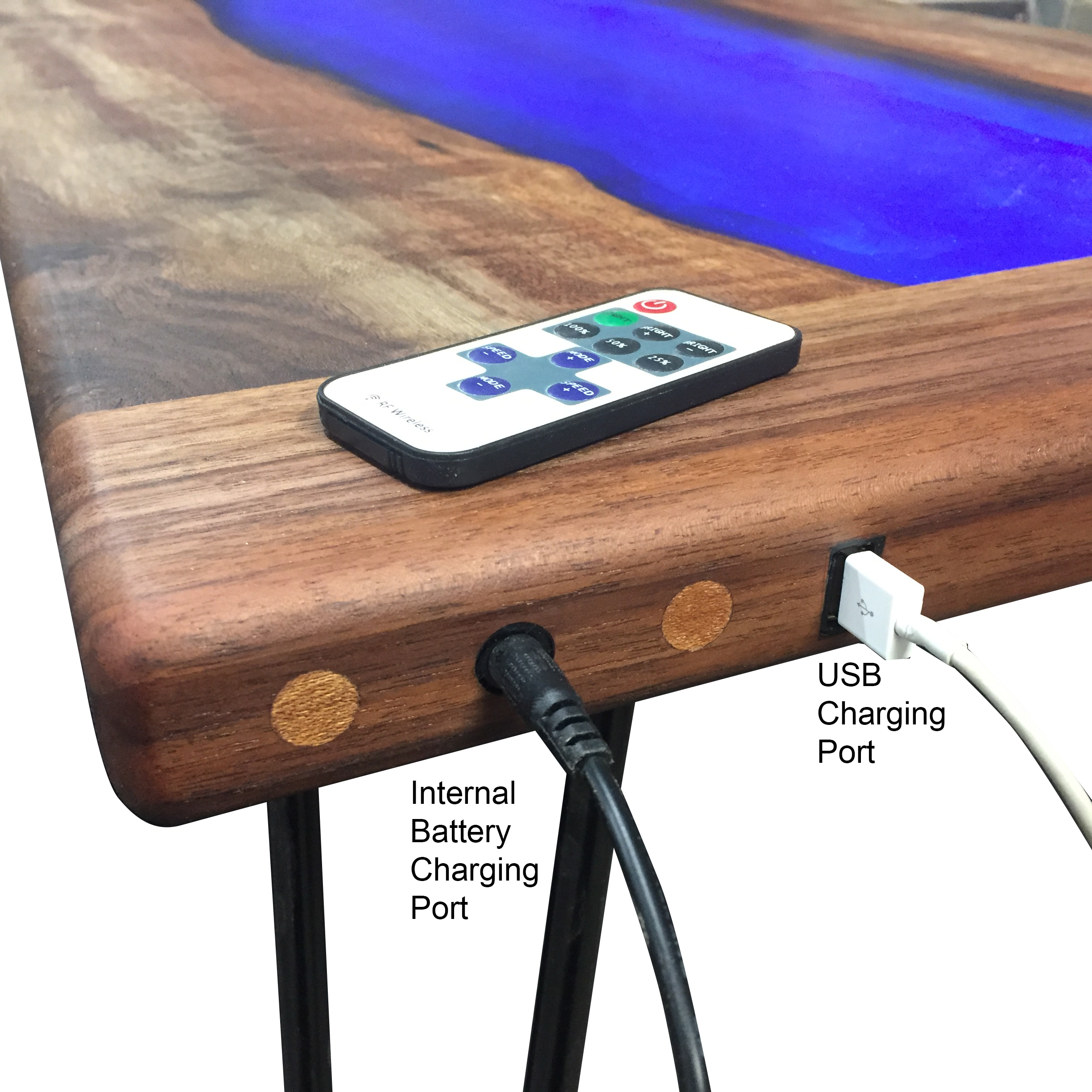 LED Lit Walnut And ResinRiver Coffee Table That Charges Your Phone