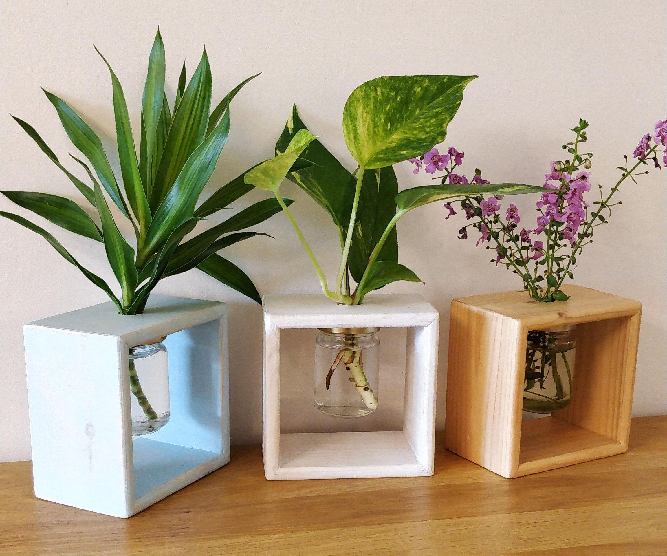 DIY Wooden Flowers Planter Box With Glass Jar Hydroponics Vase Holder