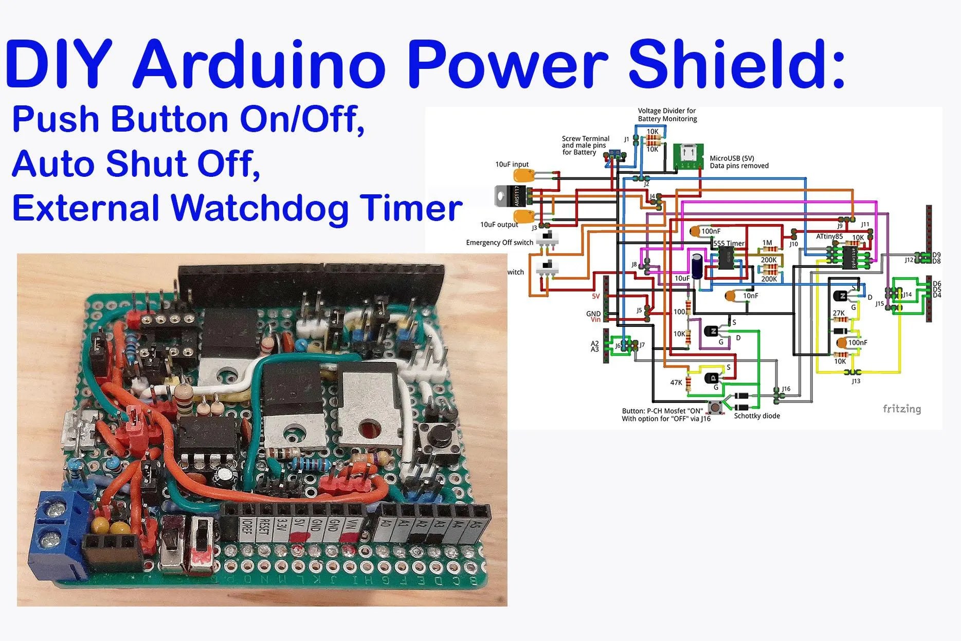 DIY Arduino Power Shield Push Button On/off, Auto Shutoff, and