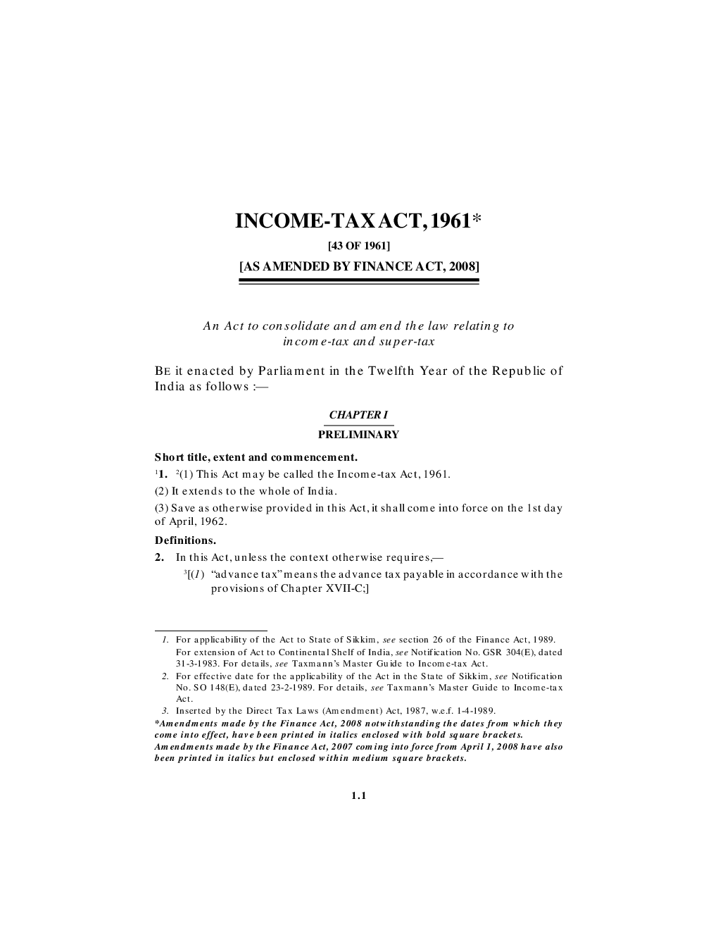 Download Tax Act, 1961 (43 of 1961) As amended by Finance Act, 2008 VOL I PDF Online
