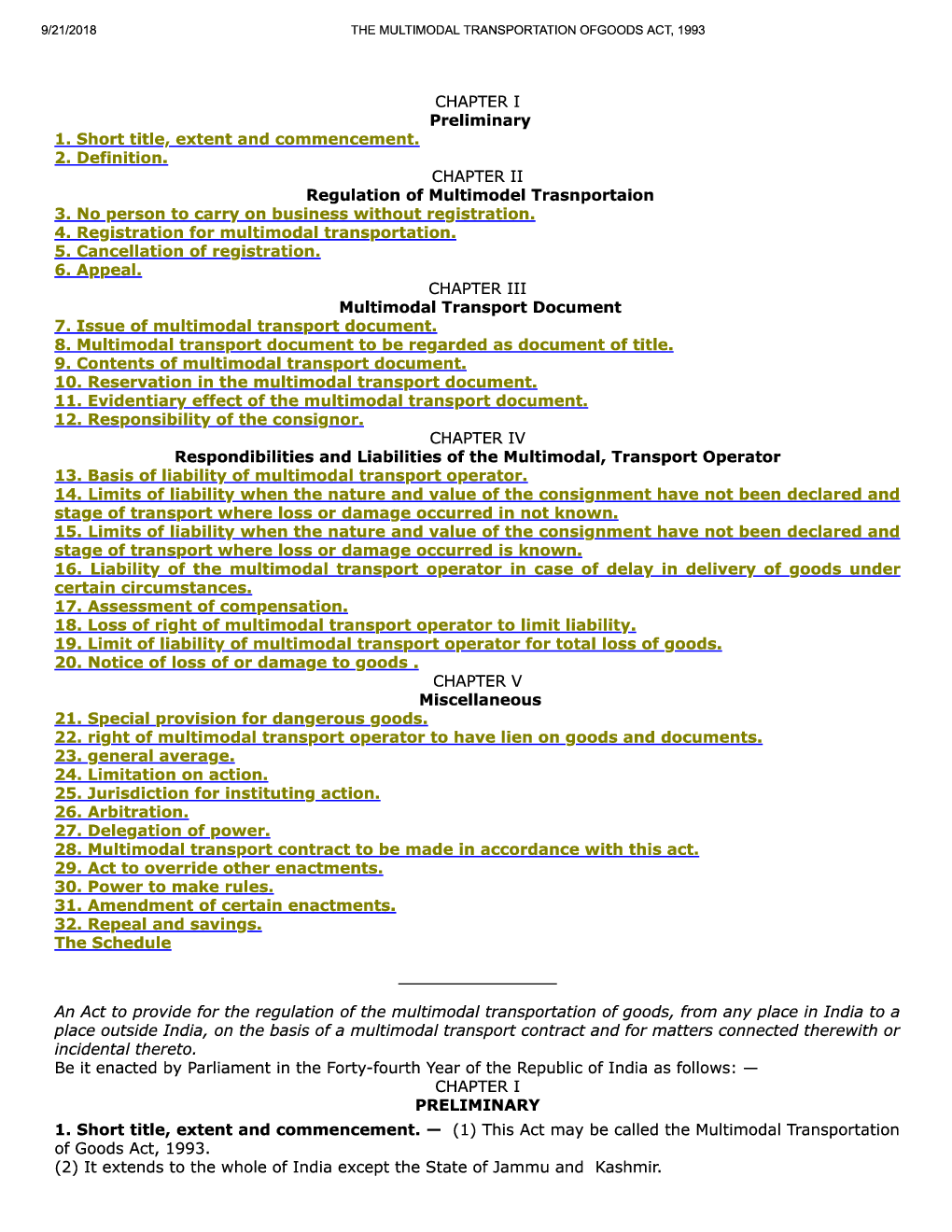Download The Multimodal Transportation Of Goods Act, 1993 PDF Online