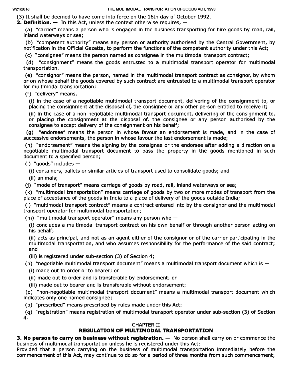 Download The Multimodal Transportation Of Goods Act, 1993 PDF Online