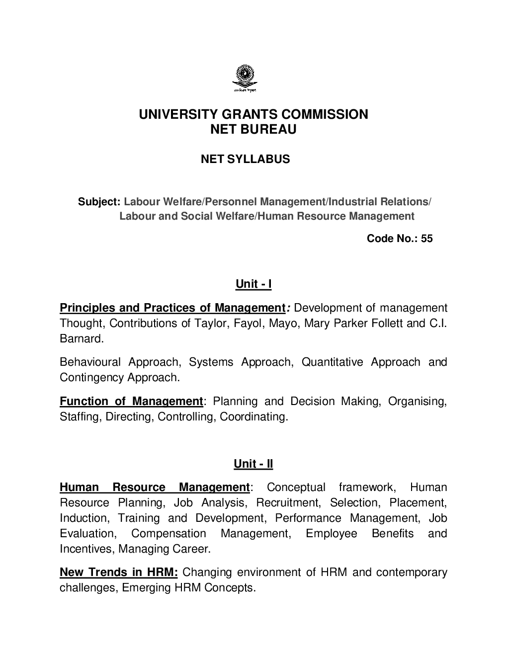 Download Free UGC NET UGC NET Human Resource Management Syllabus PDF Online