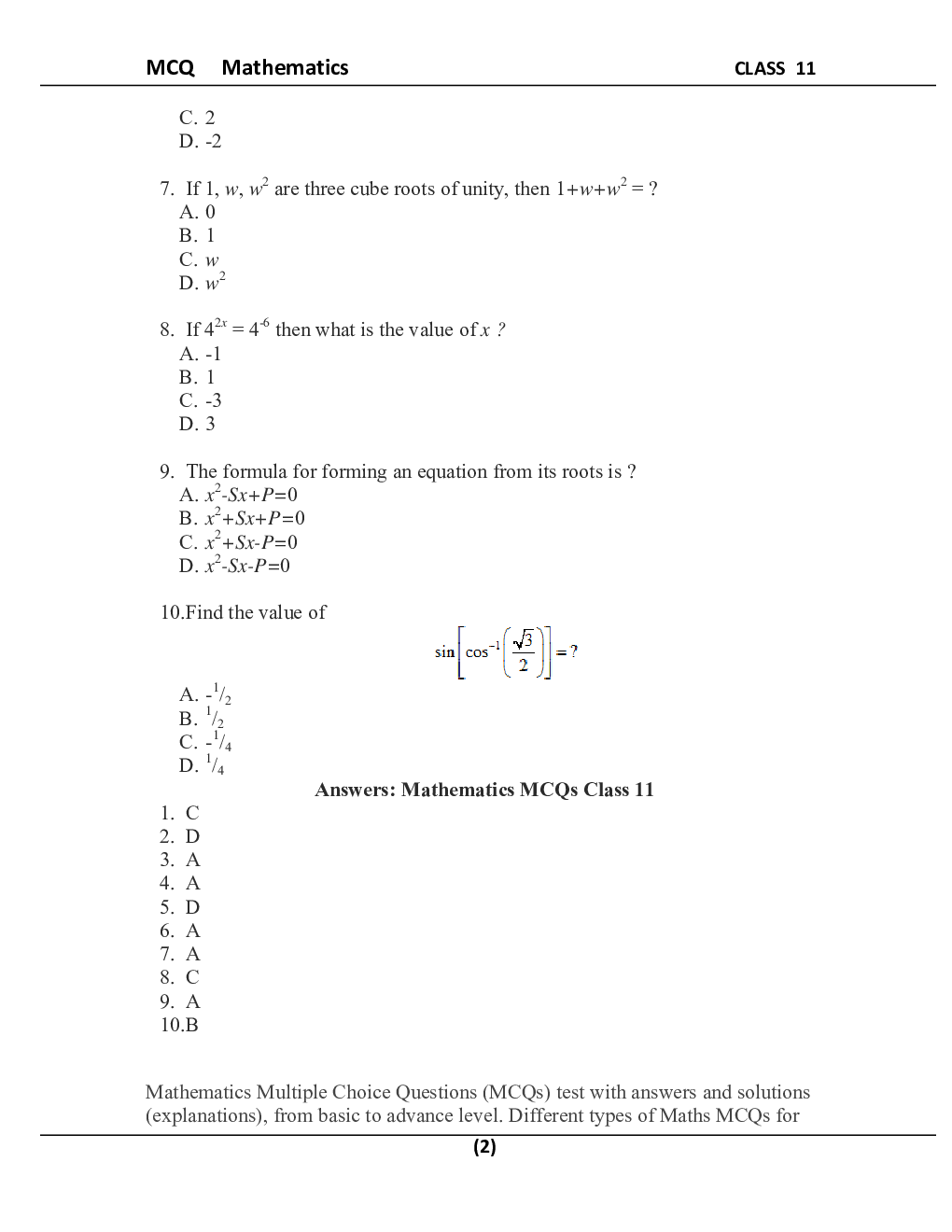 Download Class11 Mathematics MCQ PDF Online2021 by Panel Of Experts