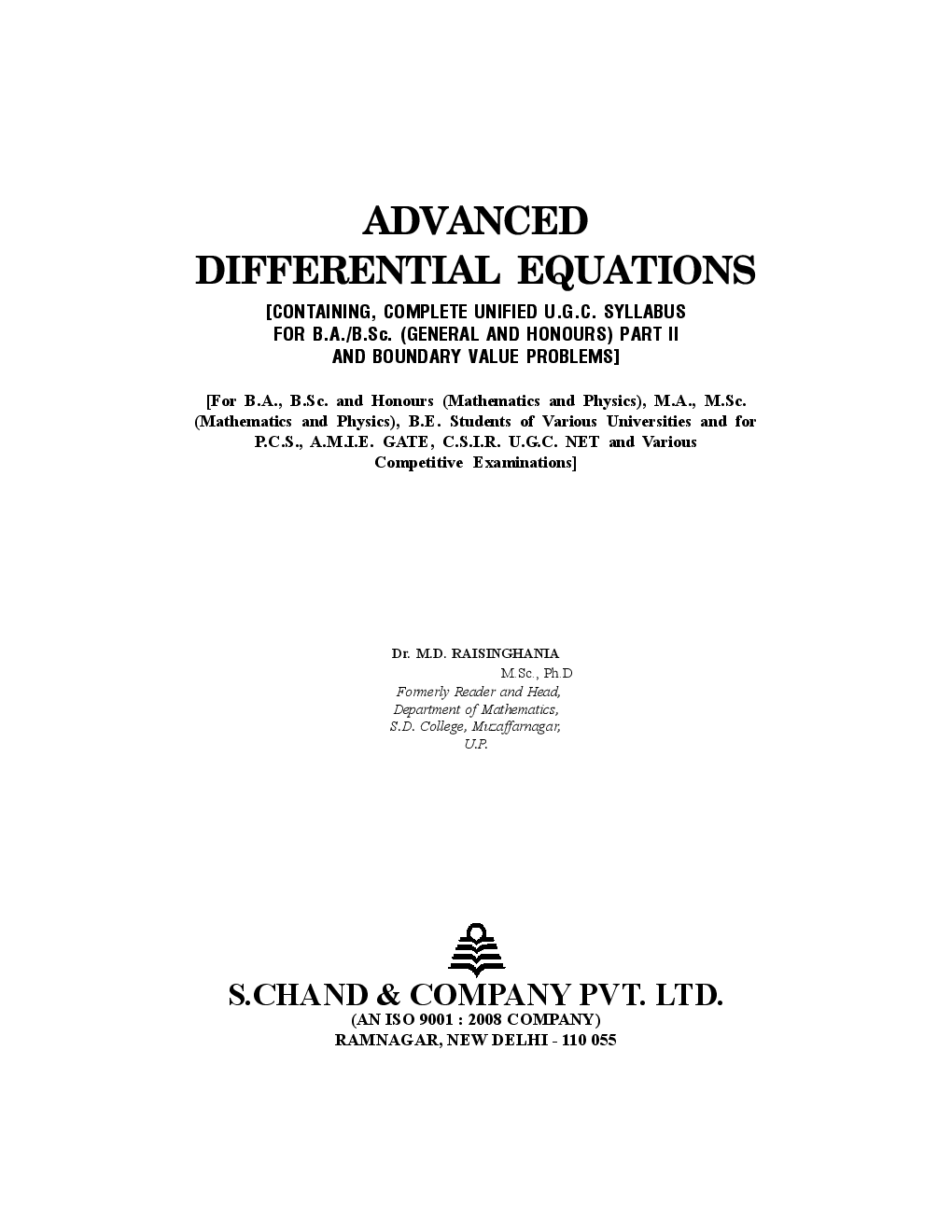 Download Advanced Differential Equations by M.D.Raisinghania PDF Online