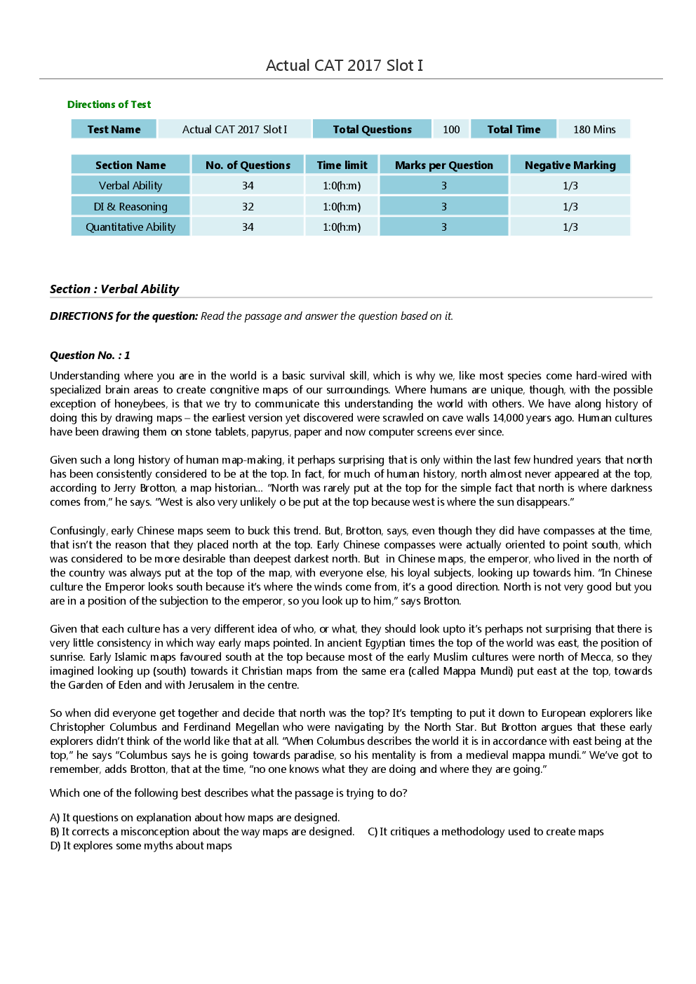 Download CAT Previous Year Solved Question Paper SlotI