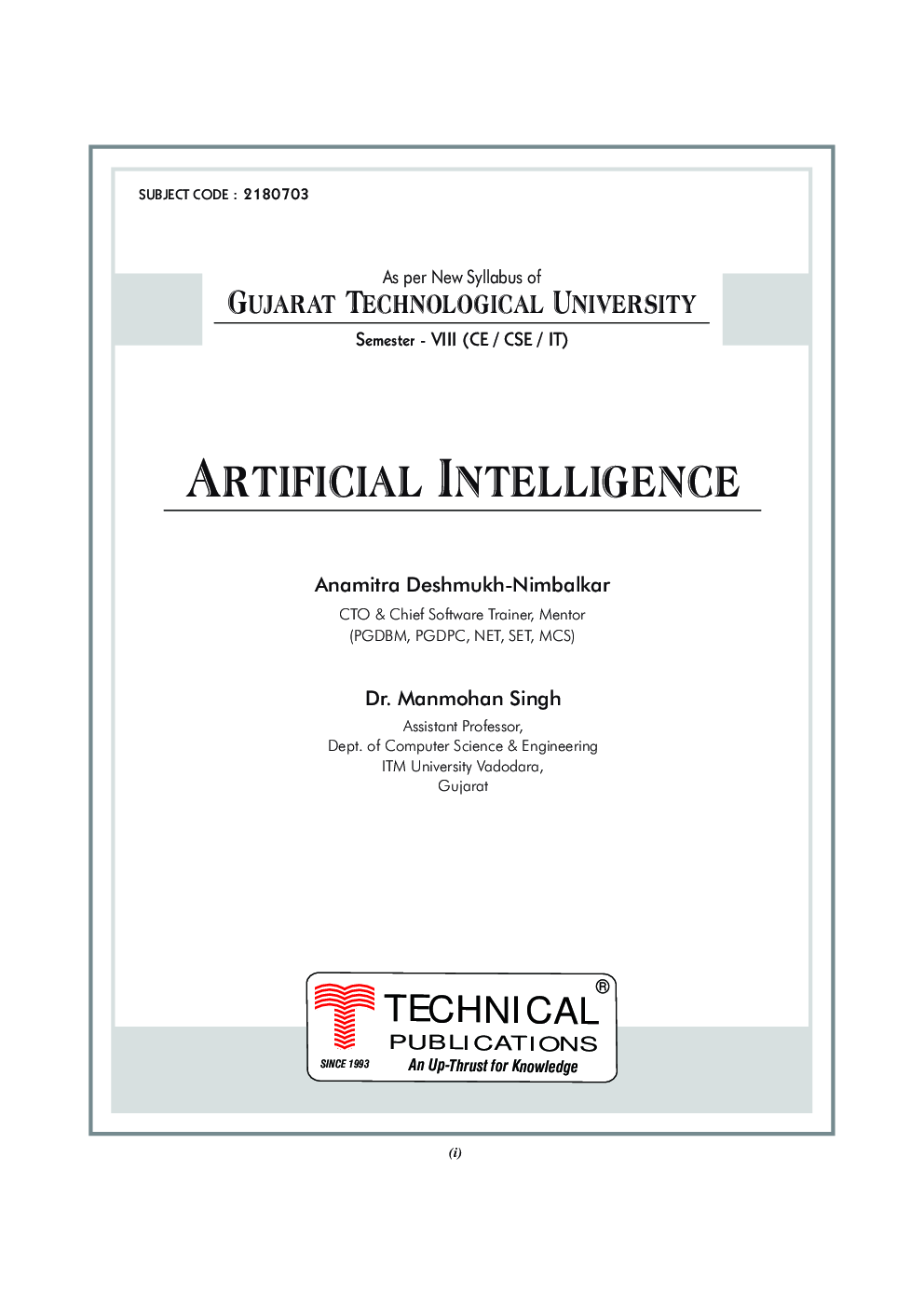 Download GTU University Artificial Intelligence PDF Online by Anamitra Deshmukh Nimbalkar