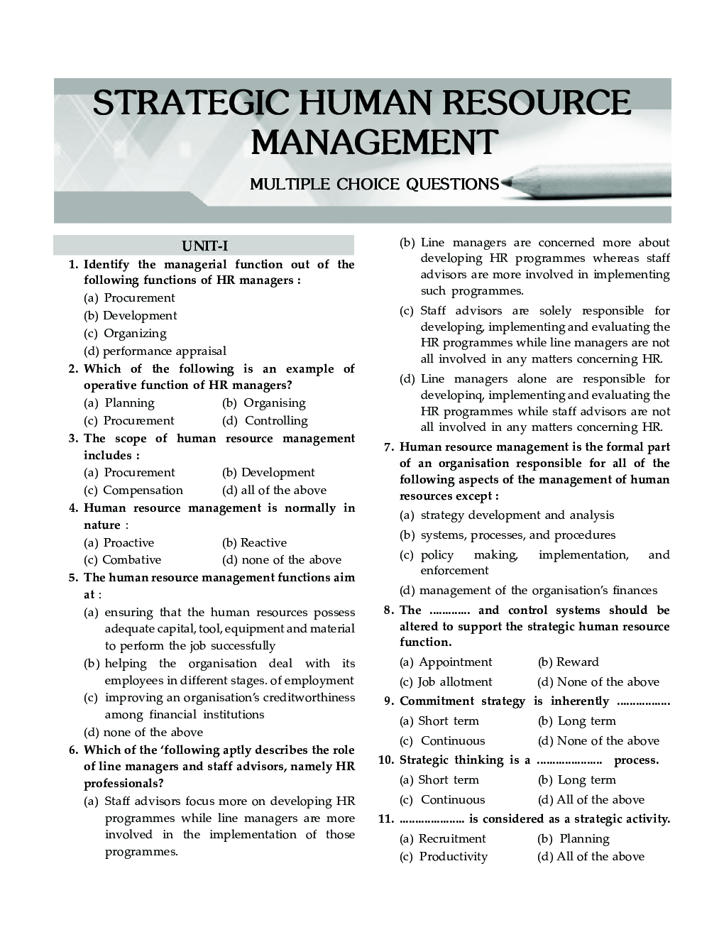 Download MCQs Of Strategic Human Resource Management For MBA PDF Online