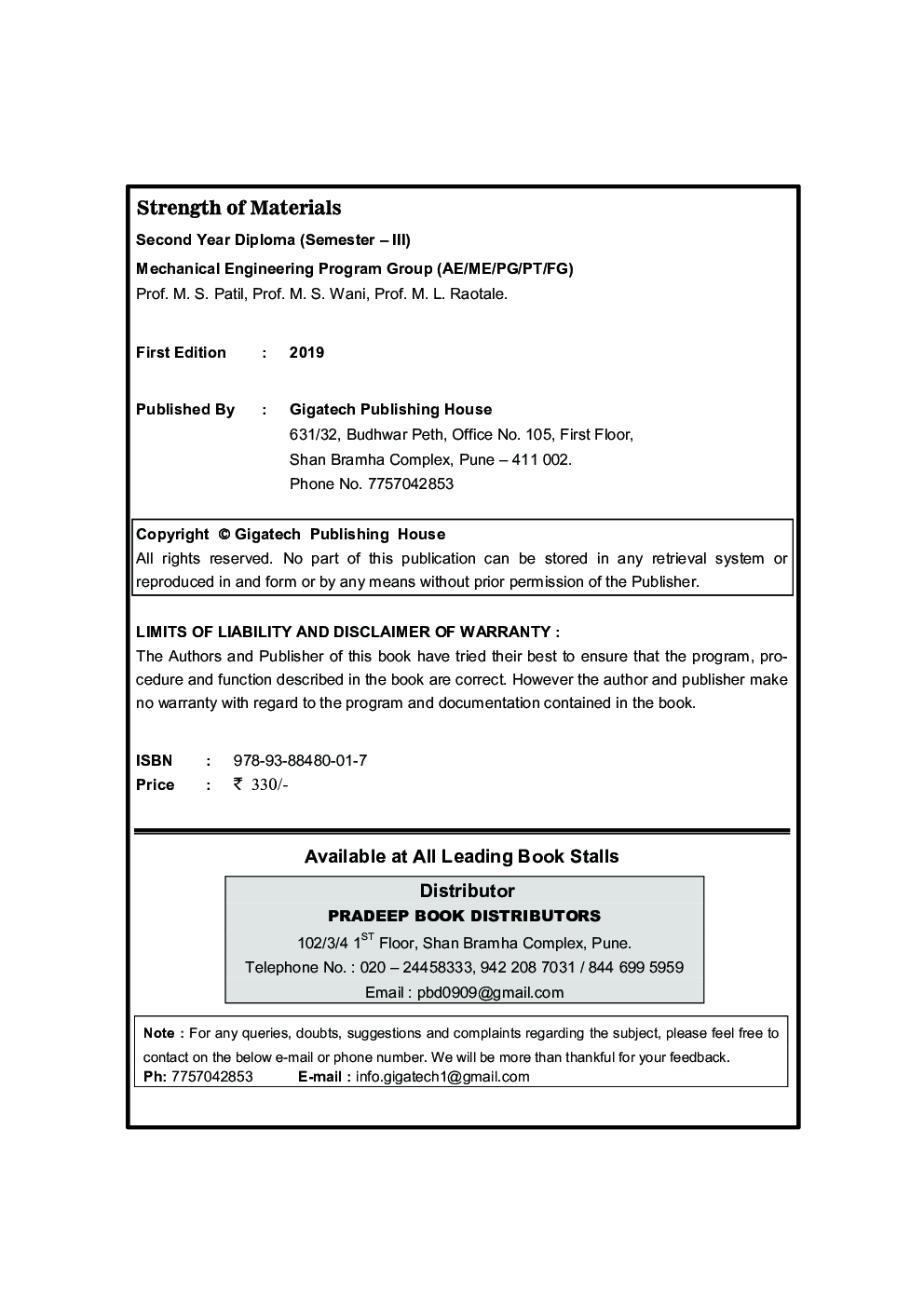 Download Strength Of Materials (As Per MSBTE Syllabus) by Prof. M. S. Patil, Prof. M. S. Wani