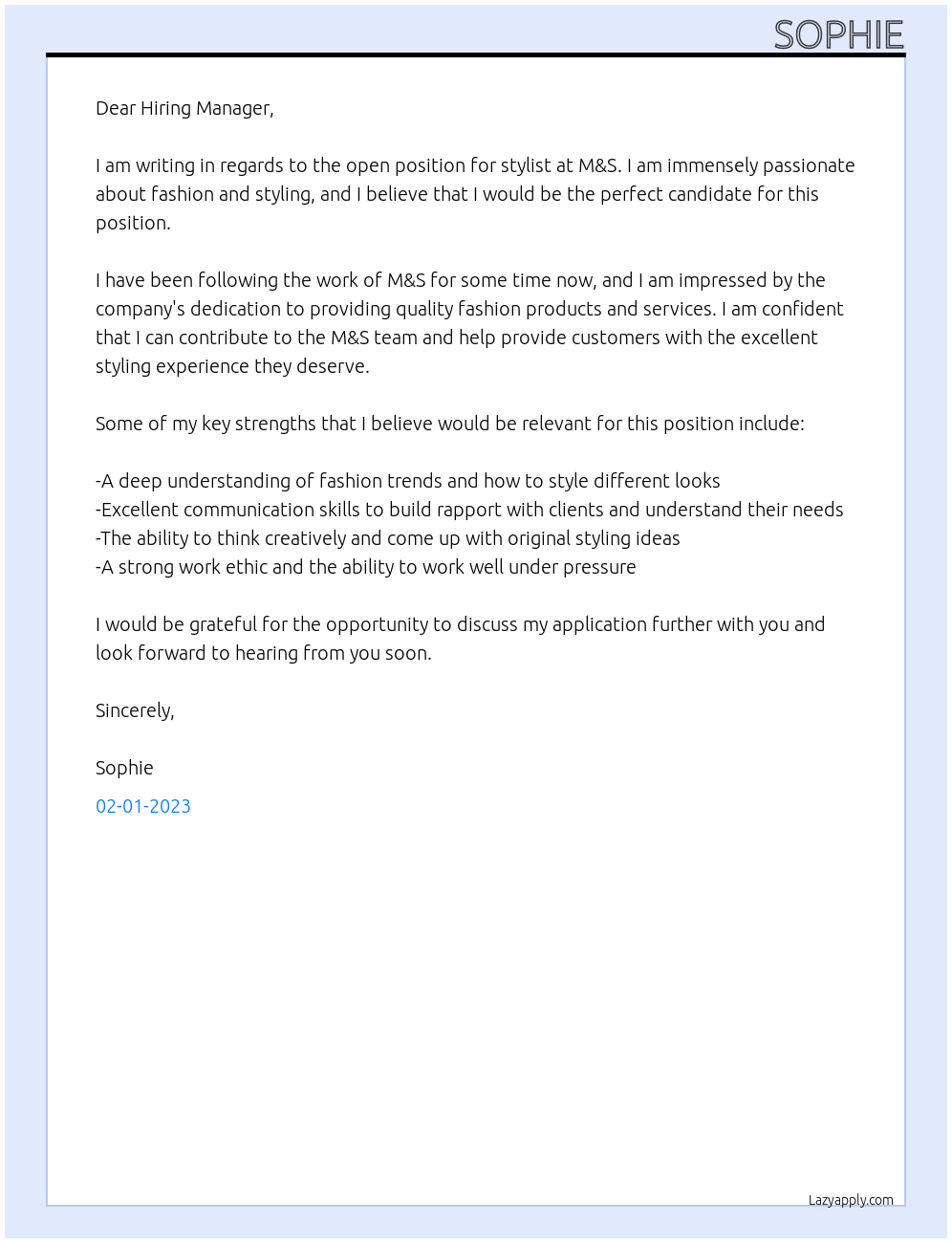 Cover letter for m&s LazyApply