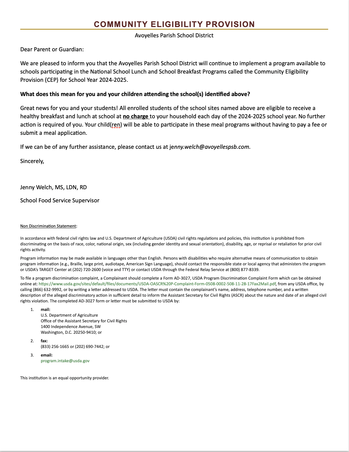 Food & Nutrition Services Avoyelles Parish School District