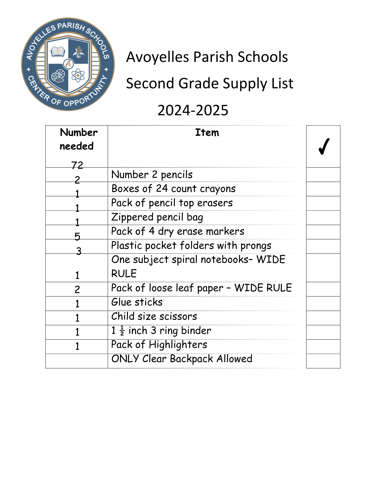 Supply Lists Avoyelles Parish School District