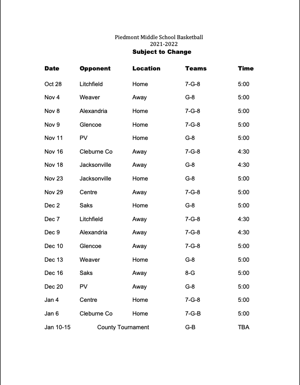 JR. HIGH BASKETBALL SCHEDULE