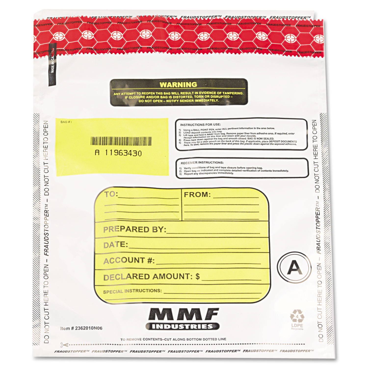 MMF Industries™ TamperEvident Deposit/Cash Bags, Plastic, 9 x 12, White, 100 Bags/Box