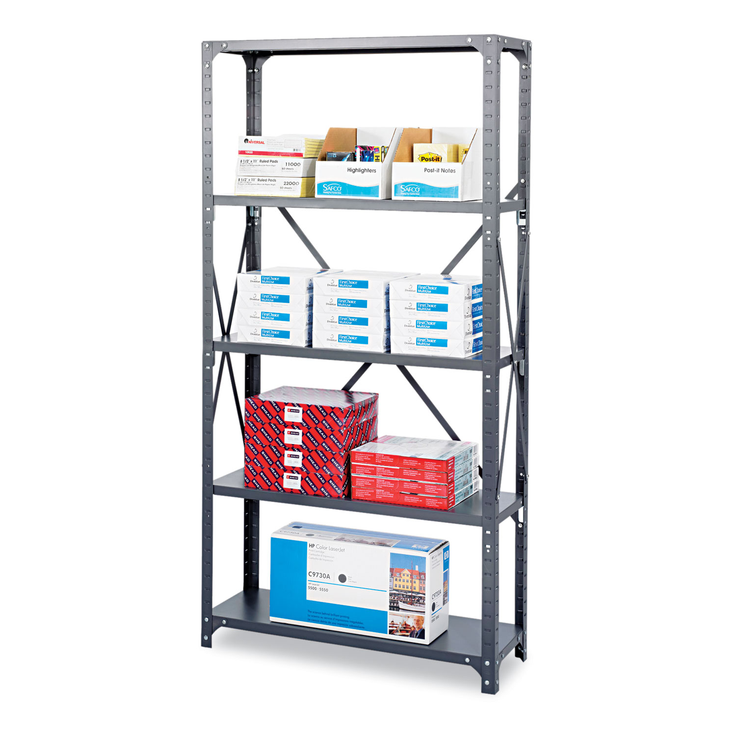 Safco Commercial Steel Shelving Unit, FiveShelf, 36w x 24d x 75h, Dark