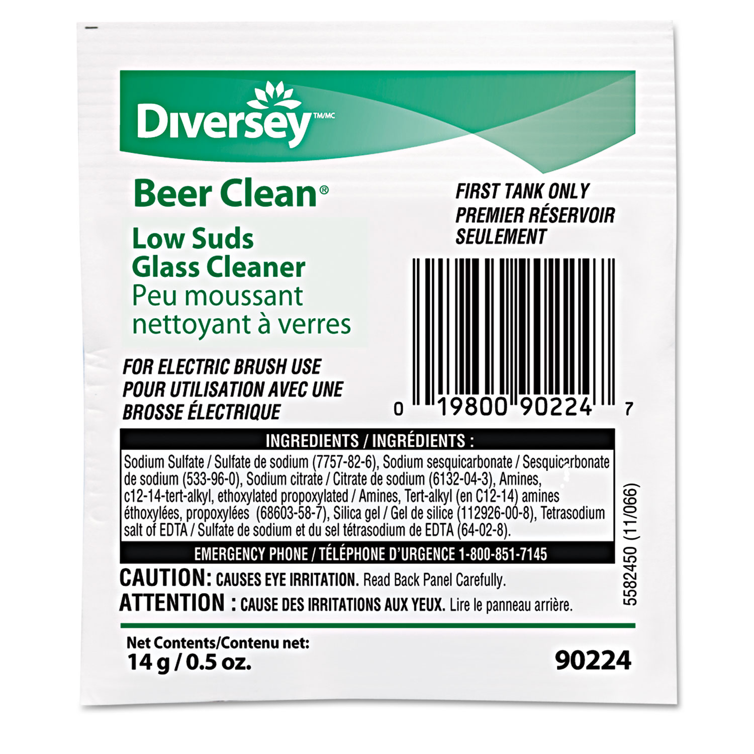 Diversey Beer Clean Glass Cleaner, Powder, .5oz Packet, 100/Carton