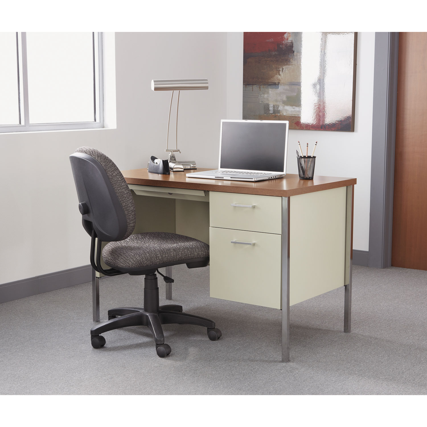 Single Pedestal Steel Desk, Metal Desk, 45.25w x 24d x 29.5h, Cherry/Putty Zerbee