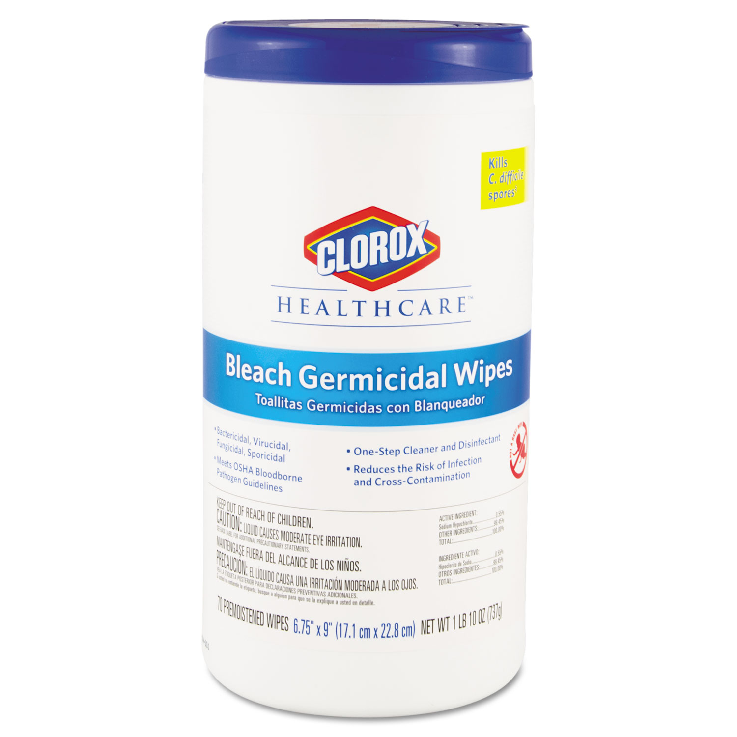 Clorox Healthcare Bleach Germicidal Wipes 6 3/4 x 9 Unscented 70