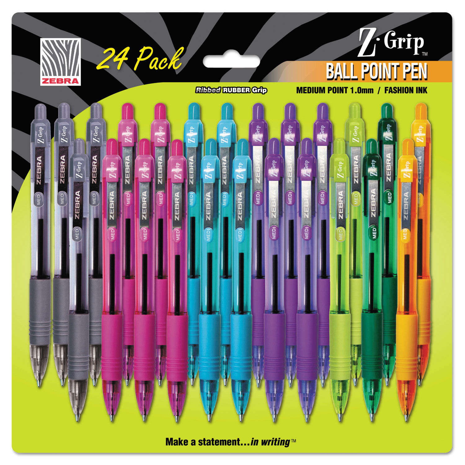 Zebra® ZGrip Retractable Ballpoint Pen, Assorted Ink, Medium Point, 24