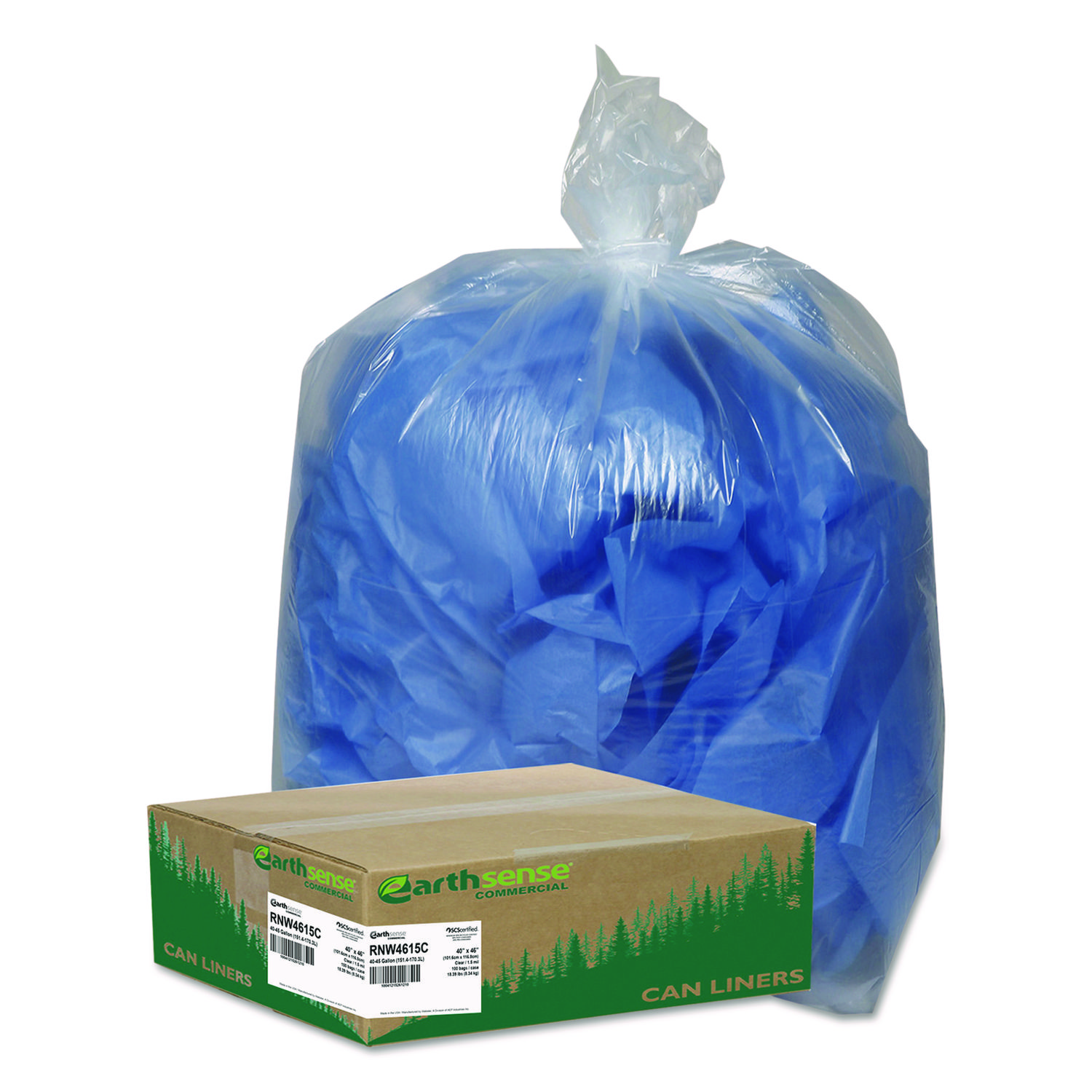 Linear Low Density Clear Recycled Can Liners, 45 gal, 1.5 mil, 40" x 46