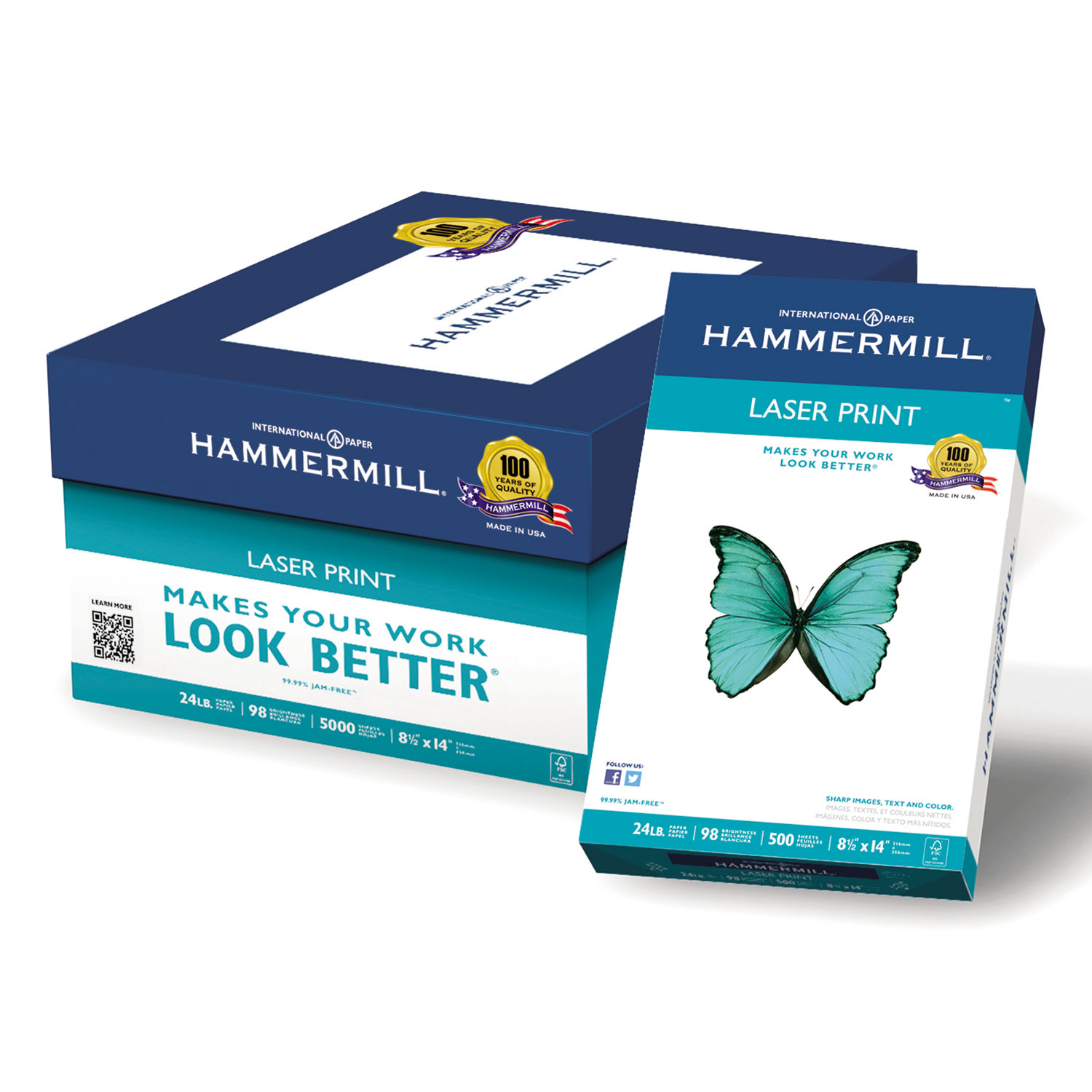 Hammermill® Laser Print Office Paper, 98 Brightness, 24lb, 81/2 x 14, White, 500 Sheets/RM