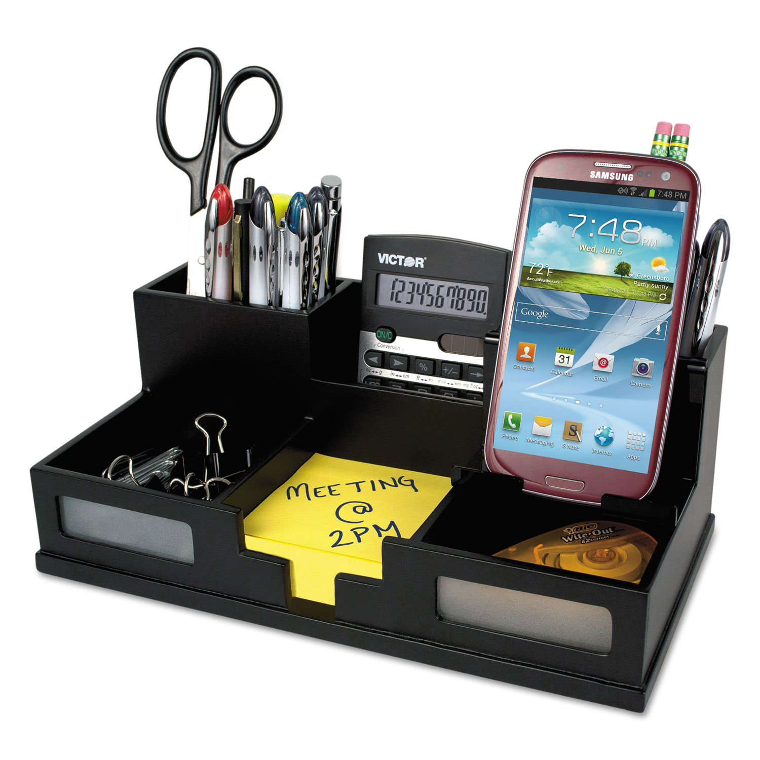 Midnight Black Desk Organizer with Smartphone Holder, 10 1/2 x 5 1/2 x 4, Wood TonerQuest