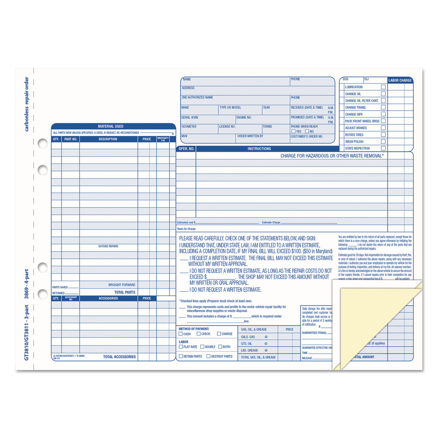 Auto Repair FourPart Order Form, FourPart Carbonless, 11 x 8.5, 50