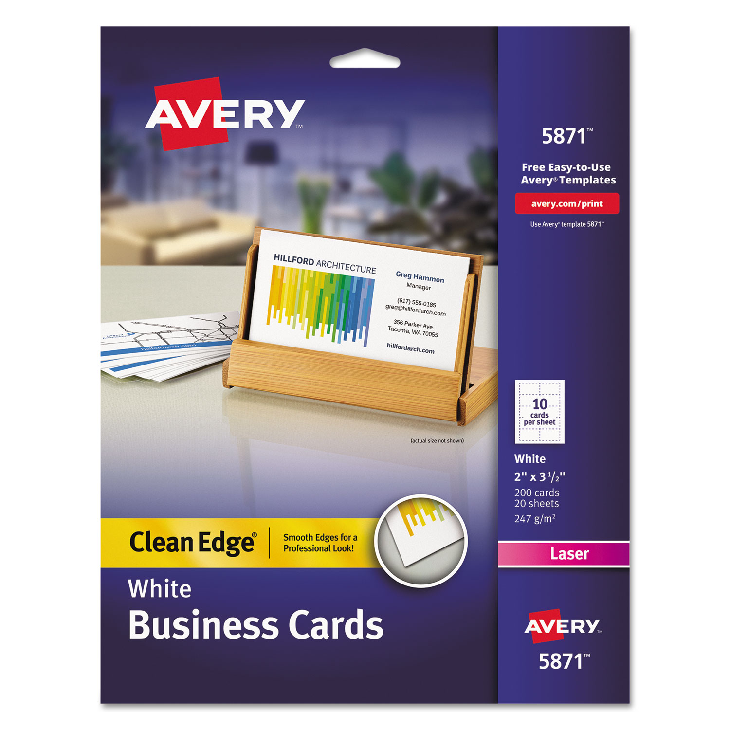 Avery 05876 Clean Edge Business Cards, Laser, 2 x 3 1/2, Ivory, 200