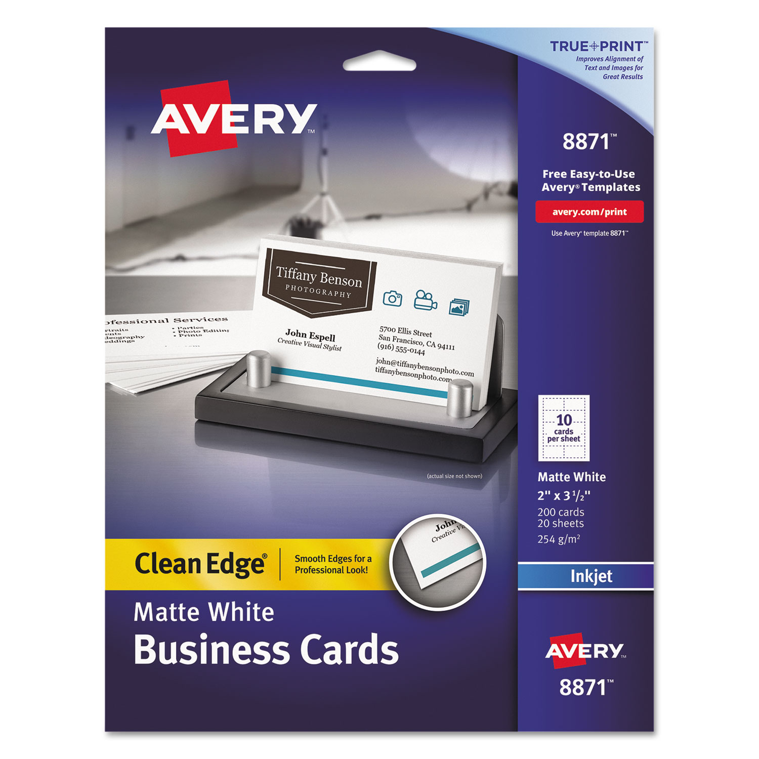 True Print Clean Edge Business Cards, Inkjet, 2 x 3.5, White, 200 Cards
