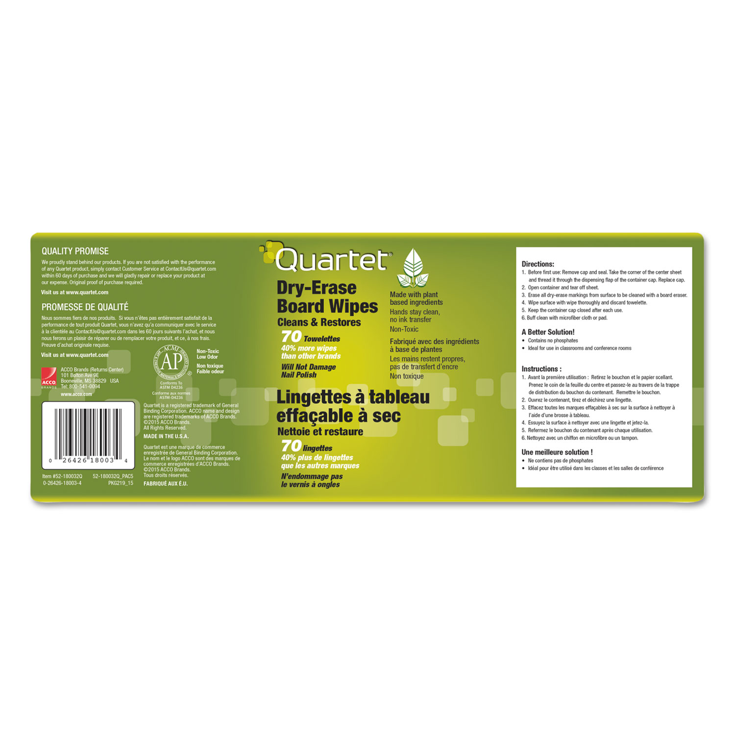 Quartet® Board Wipes Dry Erase Cleaning Wipes, Cloth, 7 x 8, 70/Tub