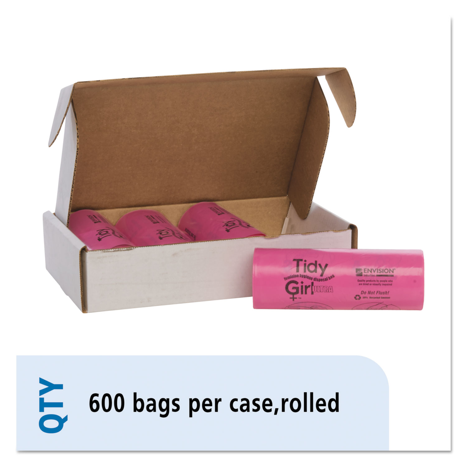 Feminine Hygiene Sanitary Disposal Bags, 4" x 4" x 10", Pink/Black, 150 Bags/Roll, 4 Rolls