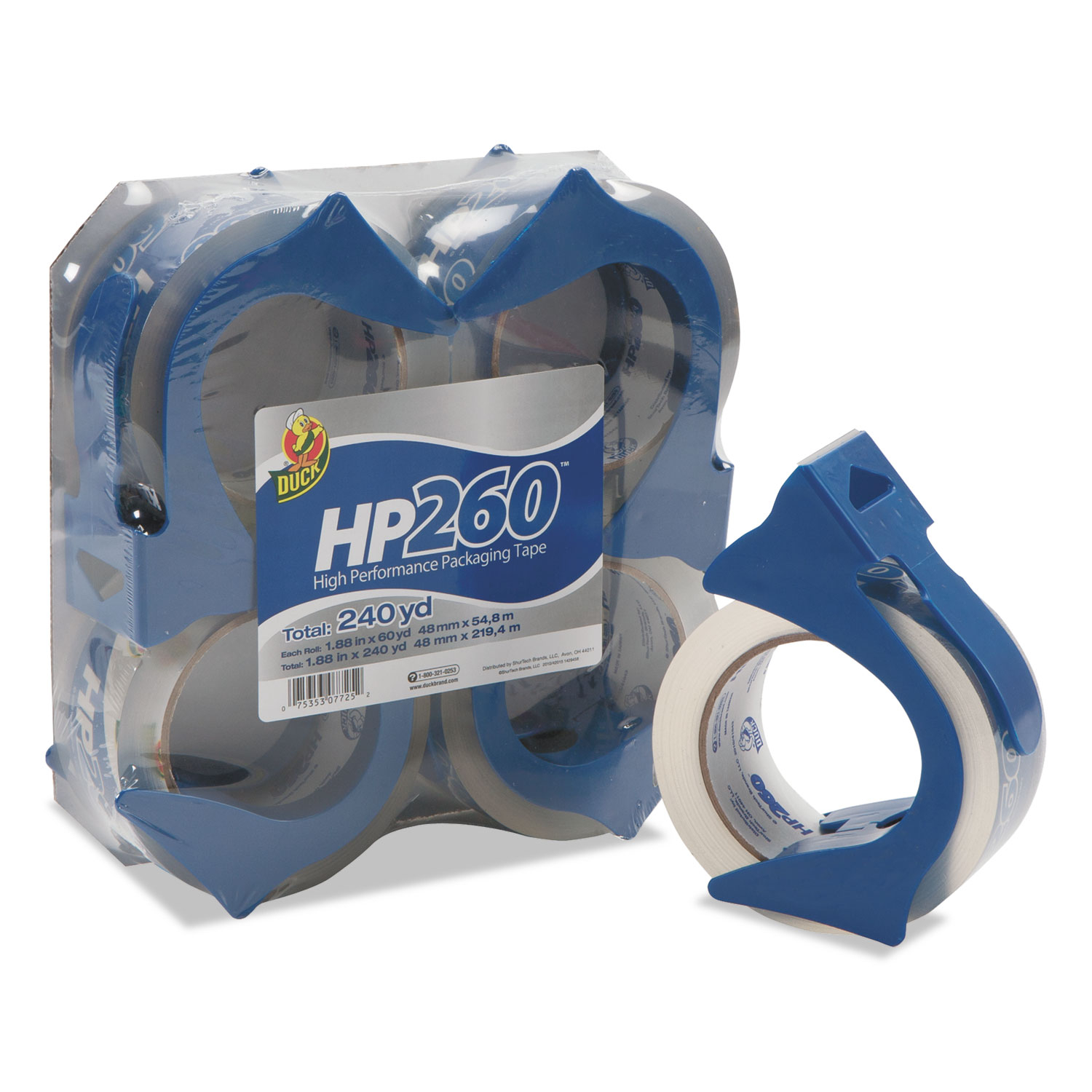 Duck® HP260 Packaging Tape w/Dispenser, 1.88" x 60yds, 3" Core, 4/Pack