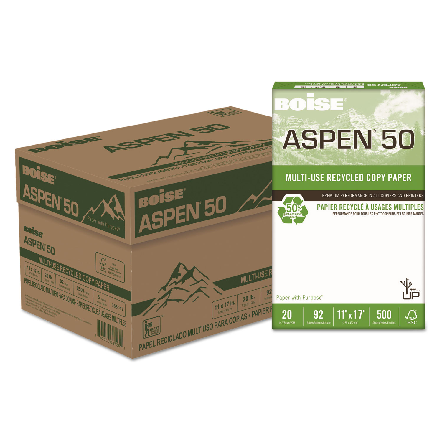 ASPEN 50 MultiUse Recycled Paper, 20 lb, 11 x 17, White, 5 Reams