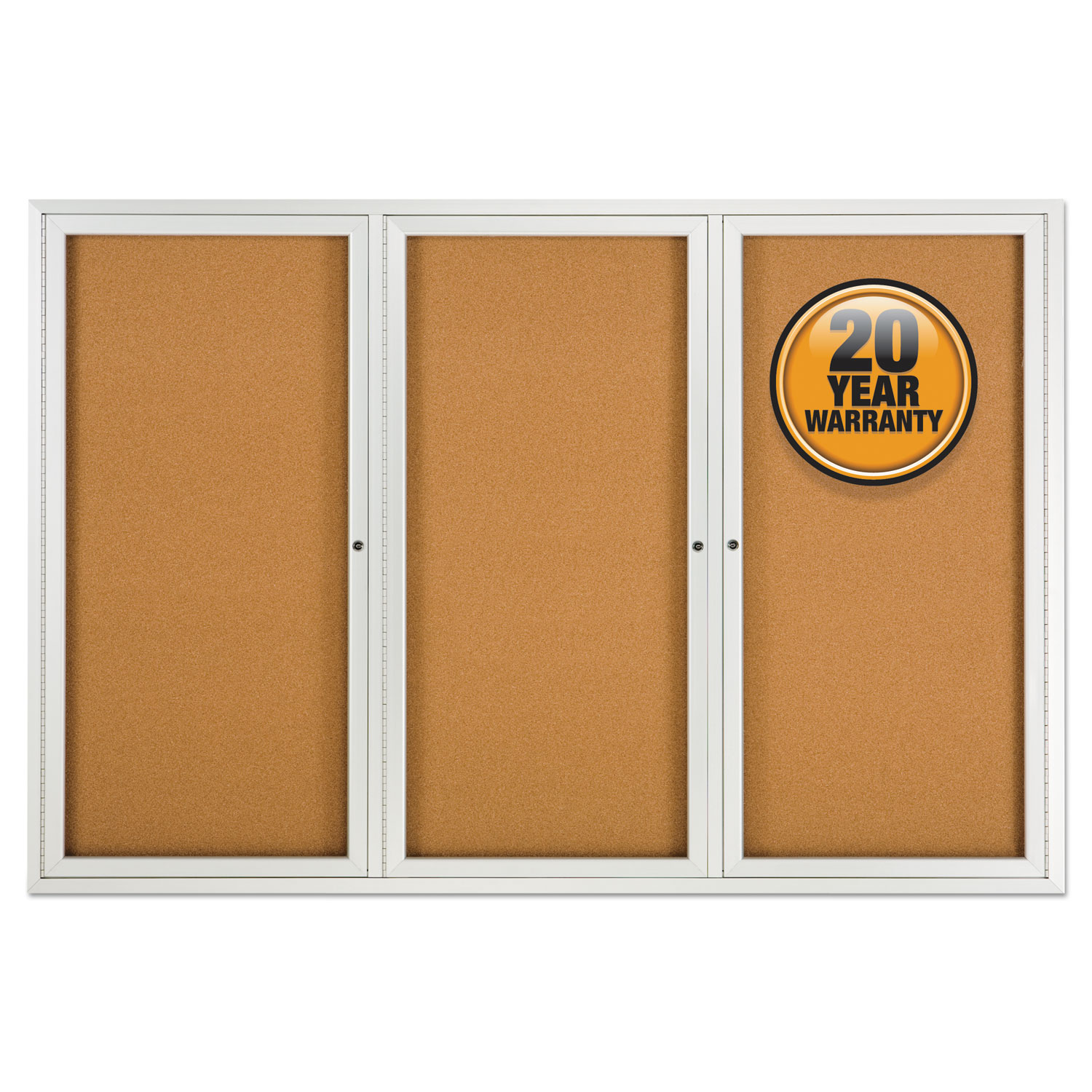 Enclosed Indoor Cork Bulletin Board with Three Hinged Doors, 72 x 48, Tan Surface, Silver