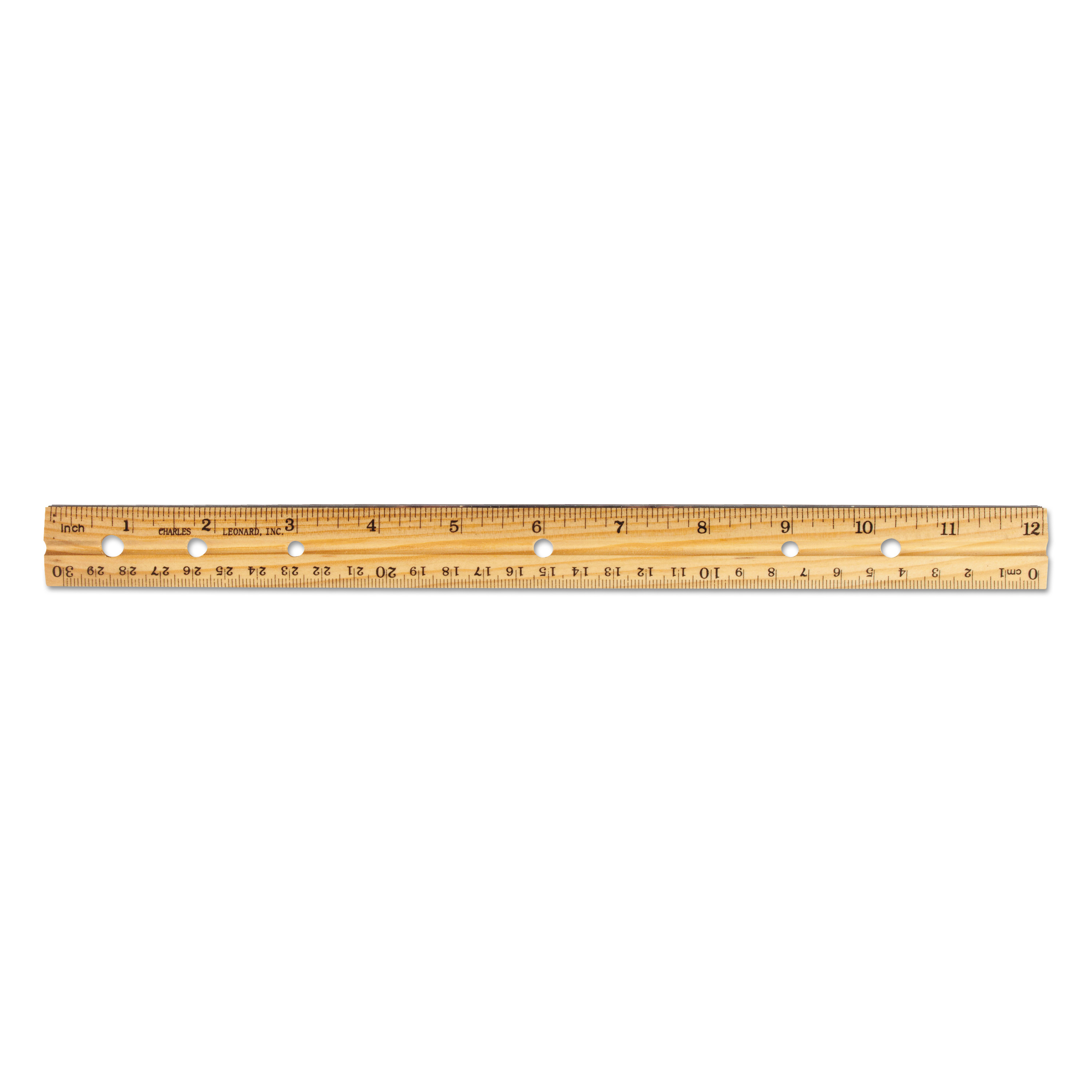 Beveled Wood Ruler w/Single Metal Edge, 3Hole Punched, 12", Natural
