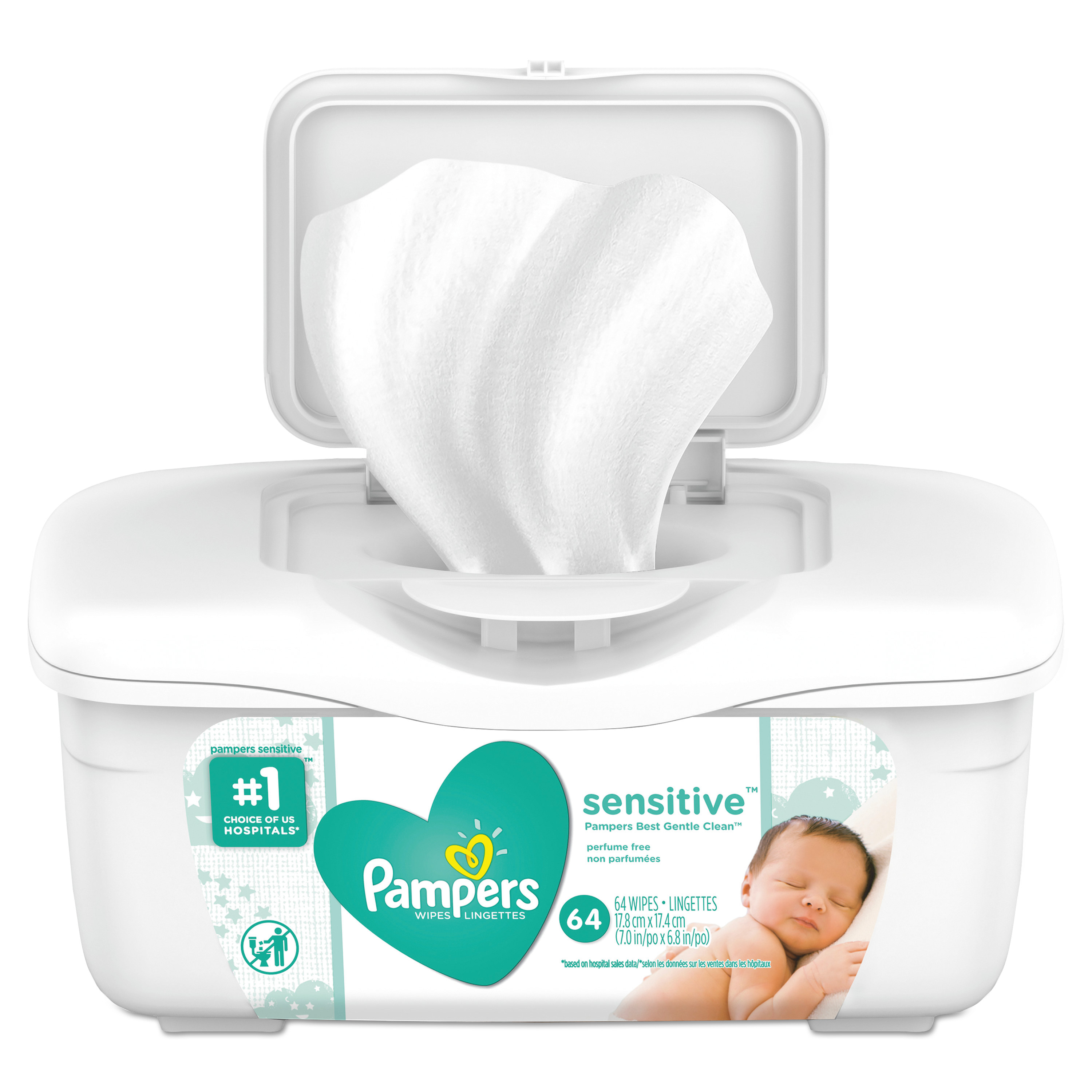 Pampers 19505 Sensitive Baby Wipes, White, Cotton, Unscented, 64/Tub, 8