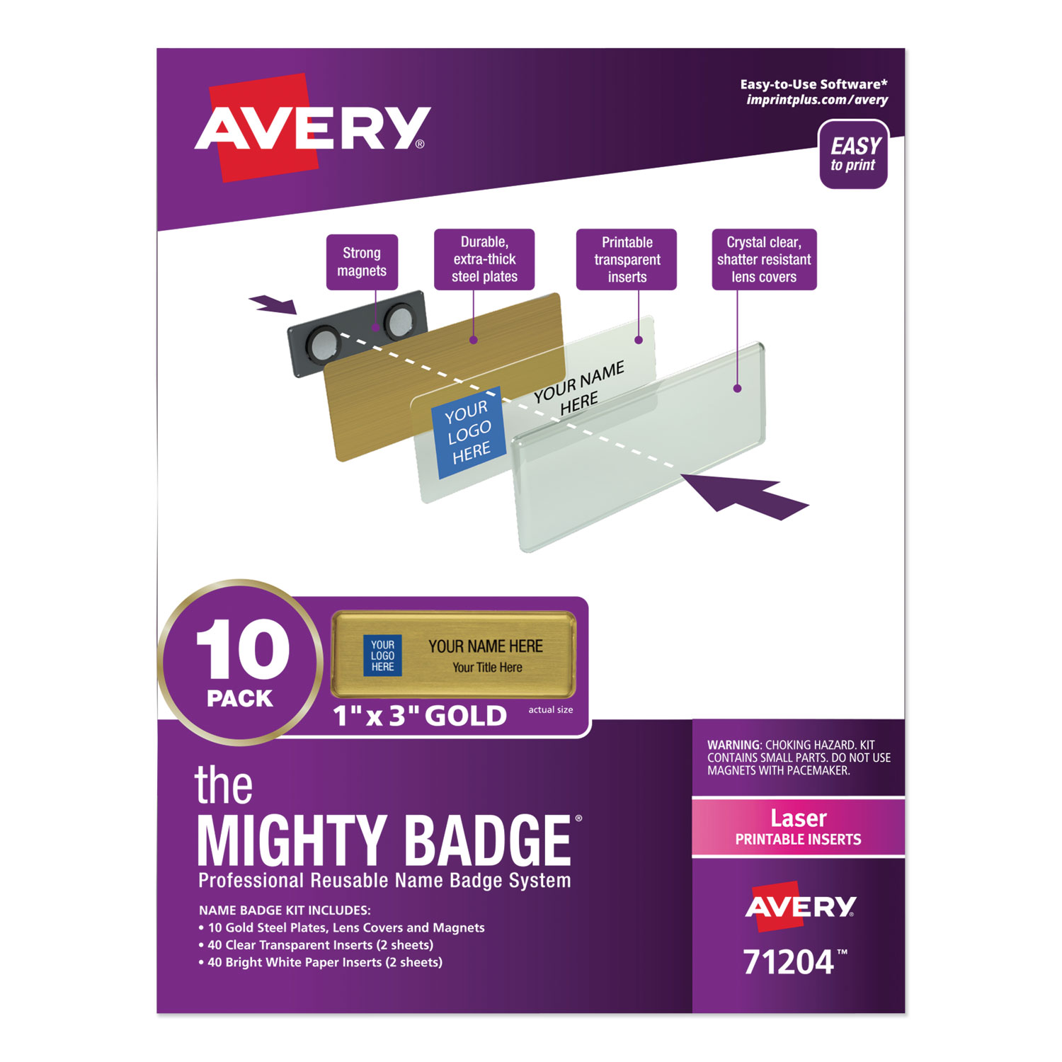 The Mighty Badge Name Badge Holder Kit, Horizontal, 3 x 1, Laser, Gold