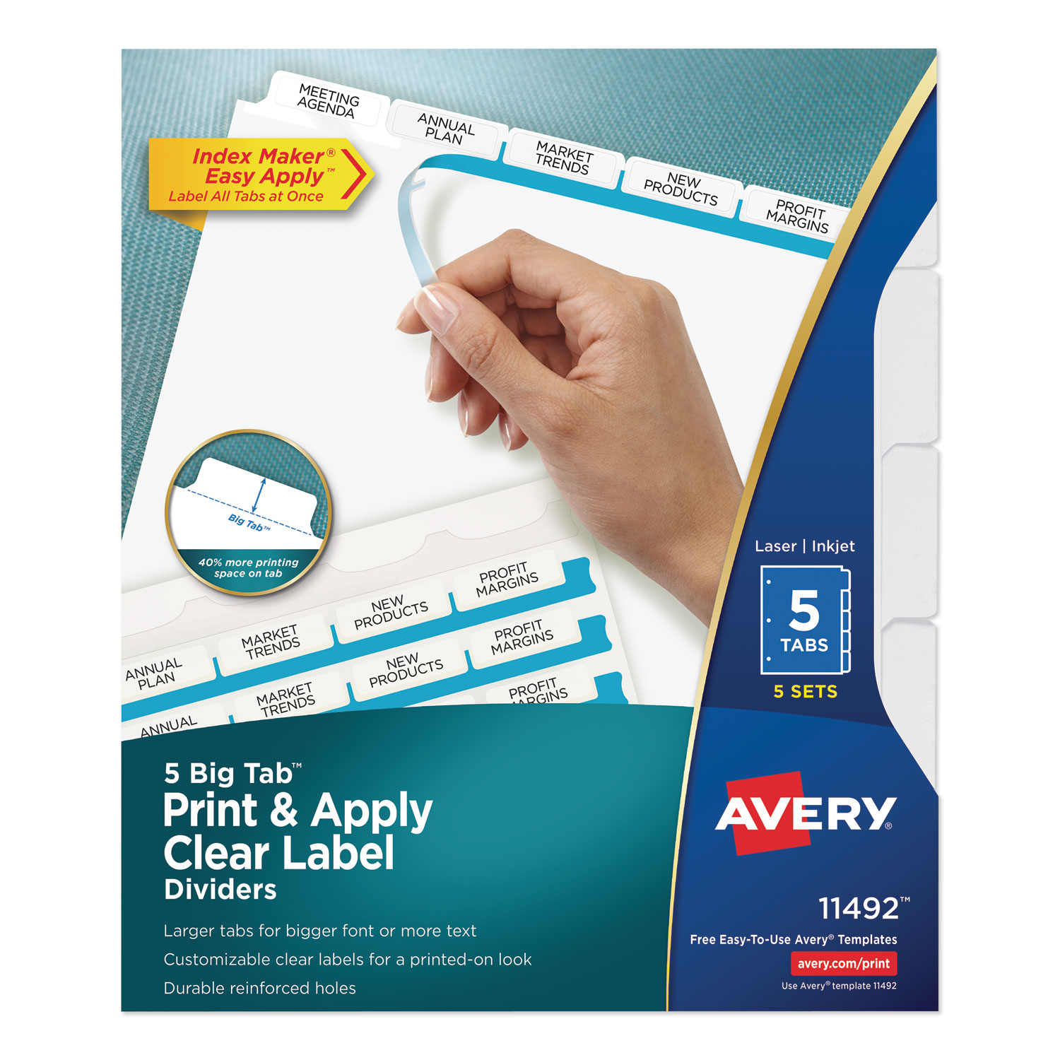 Avery 11556 Print and Apply Index Maker Clear Label Dividers, 5 White