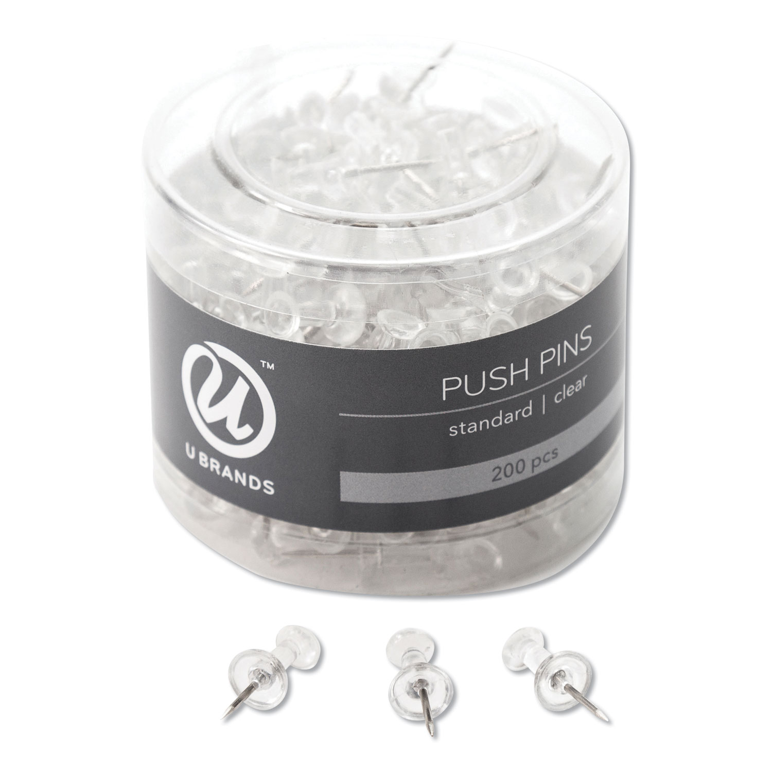 Standard Push Pins, Plastic, Clear, 0.44", 200/Pack Zerbee