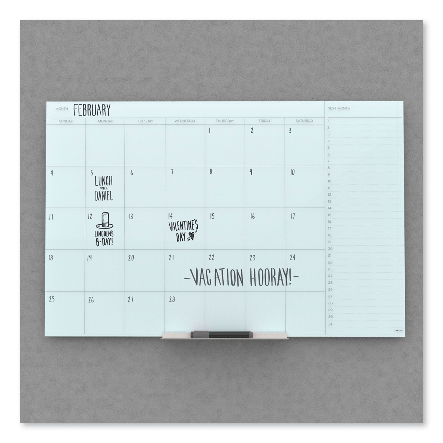 Floating Glass Dry Erase Undated One Month Calendar, 35 x 23, White