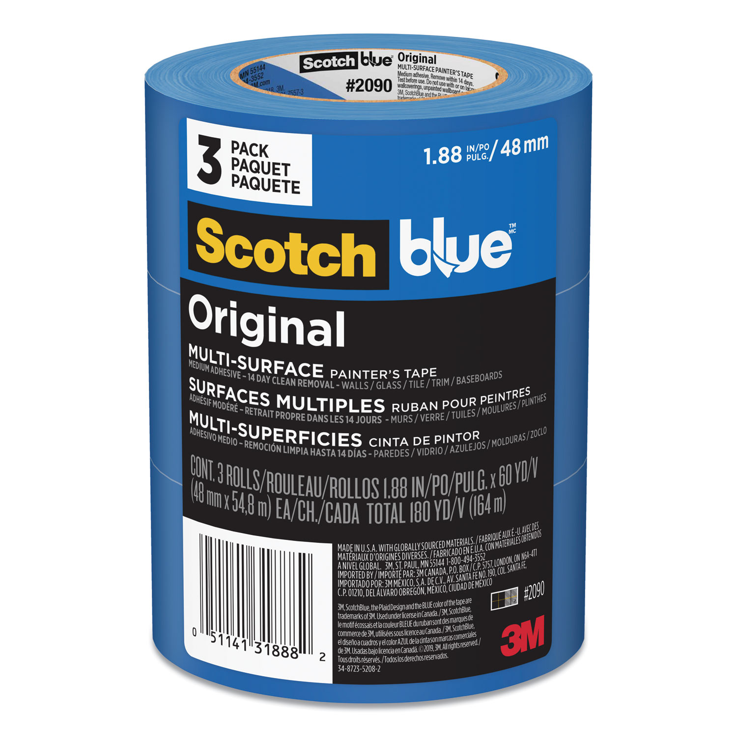 Original MultiSurface Painter's Tape, 3" Core, 1.88" x 60 yds, Blue, 3