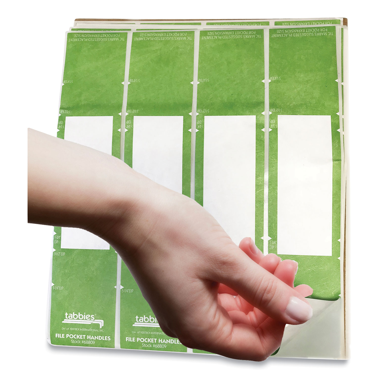 Tabbies® File Pocket Handles, 9.63 x 2, Green/White, 4/Sheet, 12 Sheets