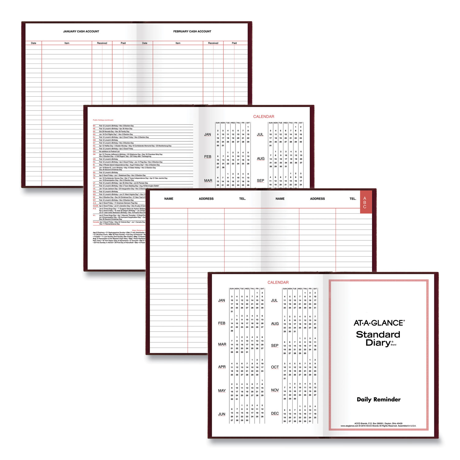 ATAGLANCE® Standard Diary Daily Reminder Book, 2024 Edition, Medium/College Rule, Red Cover