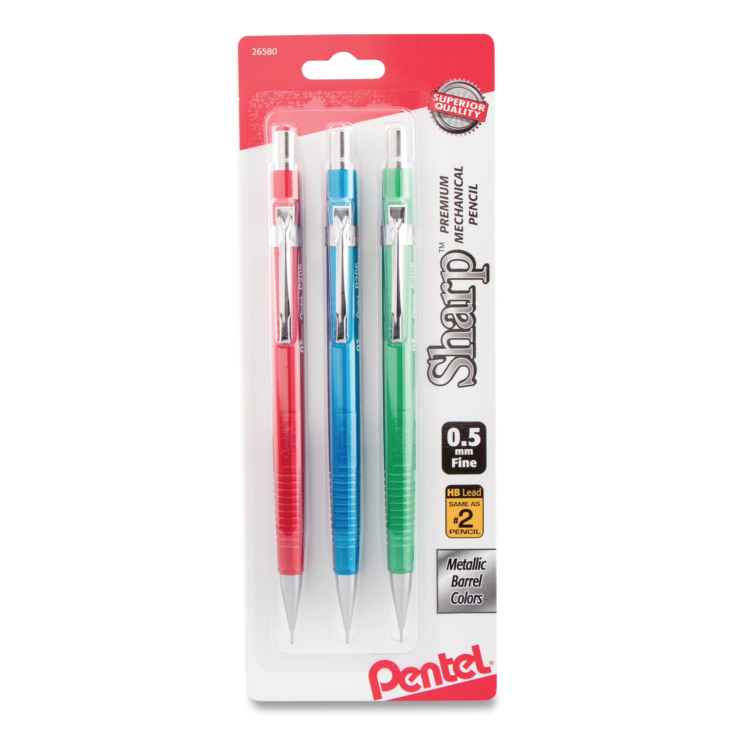 Pentel P205MBP3M Sharp Mechanical Pencil, 0.5 mm, HB (2.5), Black Lead, Assorted Barrel Colors