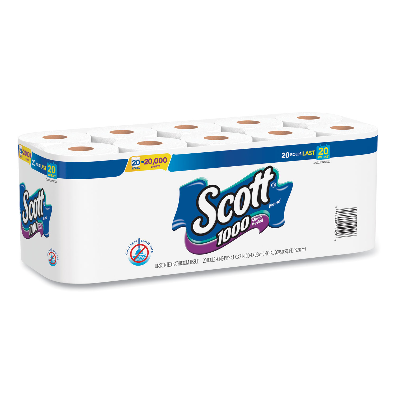 Scott® Standard Roll Bathroom Tissue, Septic Safe, 1Ply, White, 1,000