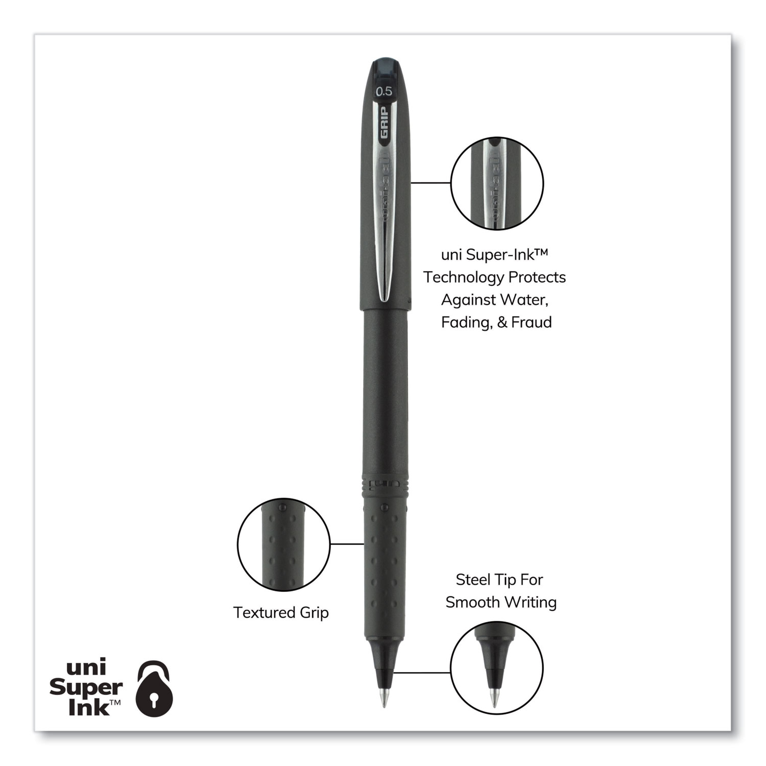 uniball® Grip Roller Ball Pen, Stick, Micro 0.5 mm, Black Ink, Black