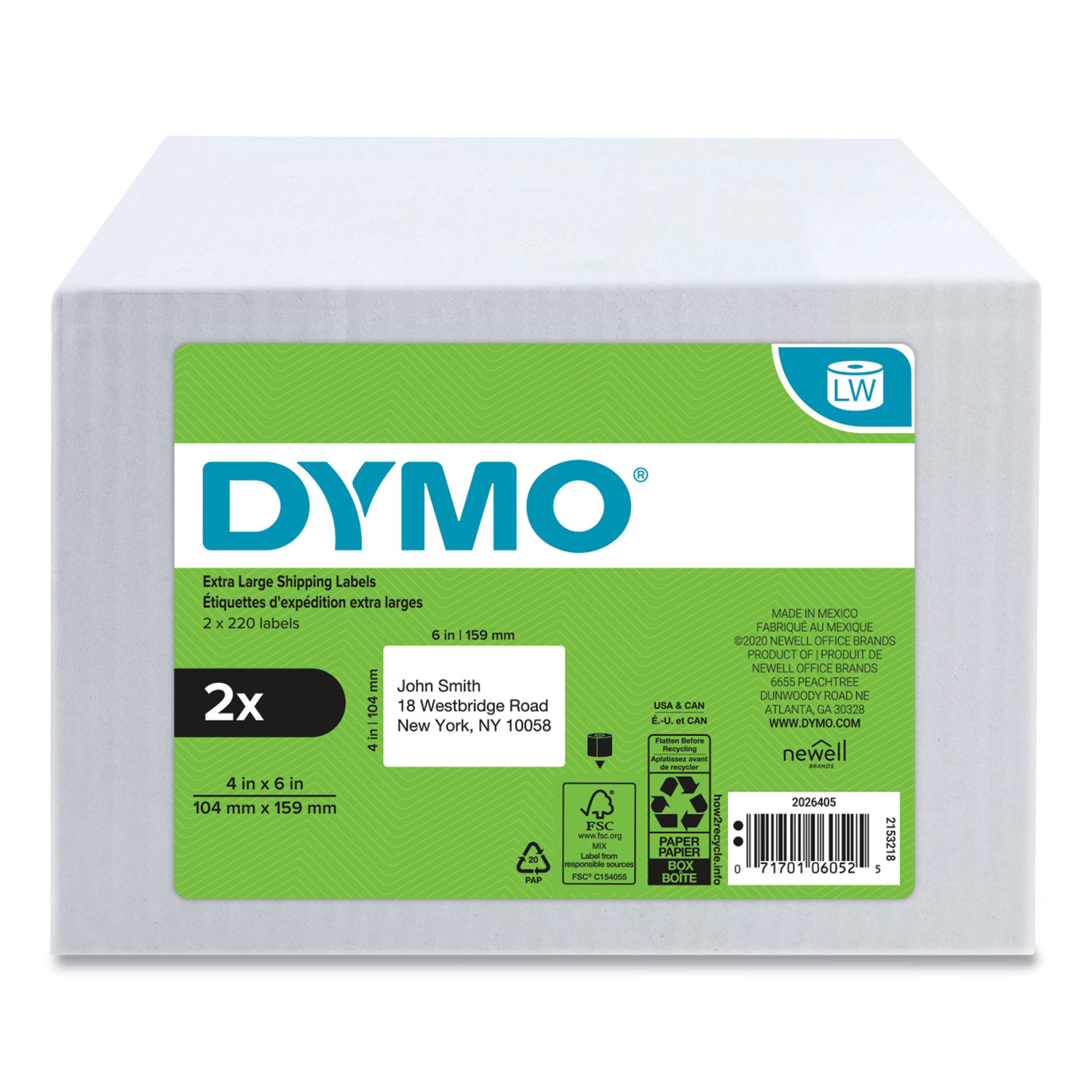 DYMO® LW ExtraLarge Shipping Labels, 4" x 6", White, 220 Labels/Roll